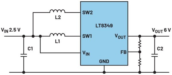 圖三 : 兩相升壓轉換器提升電池電壓的實際應用（簡化示意圖）。