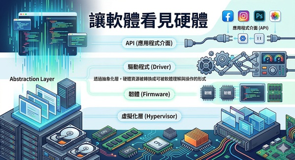 圖二 : 軟體控制硬體的關鍵，在於抽象化。透過抽象化層，硬體資源被轉換成可被軟體理解與操作的形式。