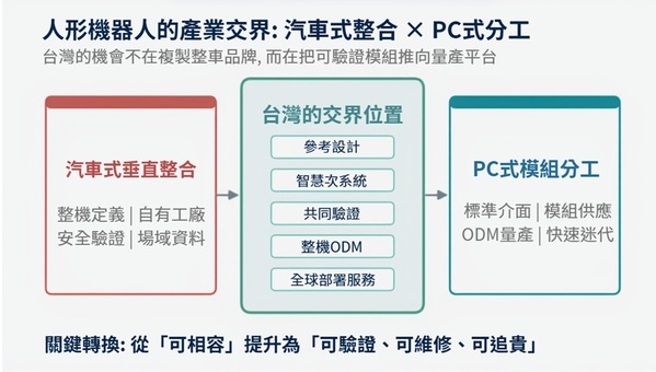 圖二 : 人形機器人由汽車式垂直整合走向PC式模組分工時，參考設計、智慧次系統、共同驗證與ODM將成為台灣的交界位置。(來源：本刊製圖)