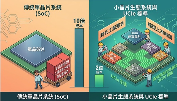 圖二 : 傳統SoC與小晶片生態系的區別。