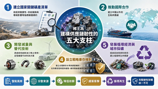 圖二 : 稀土可歸納為穩定高風險關鍵材料供應鏈韌性的五大支柱。