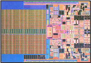 Intel新ㄧ代的Penryn處理器具有8億2千萬個電晶體，大小約107平方公釐，只有四分之ㄧ美國郵票大小(資料來源:Intel) BigPic:350x244