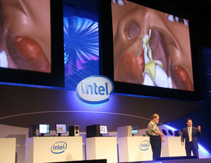 Intel企業技術事業群資深院士暨通訊技術實驗室總監Kevin Kahn（左）正與同仁合作解說3D在兔唇整型模擬手術的應用。（Source：HDC） BigPic:500x386