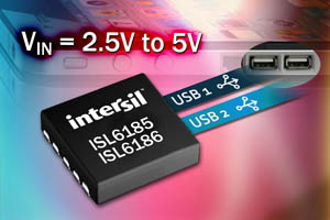 ISL6185/6针对以USB 2.0和3.0接口标准为基础的产品供电，提供设计者数种电流限制选择。