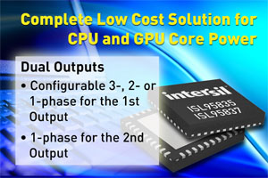 Intersil为扩充其多相DC/DC控制器产品范畴，推出二款控制器为CPU与GPU核心电源提供低成本方案。
