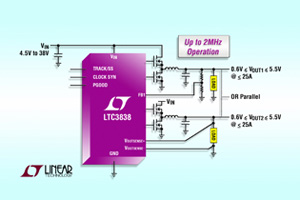 Linear推出LTC3838高频控制导通时间双组输出同步降压DC/DC控制器，具备差动输出电压感测和频率同步化。