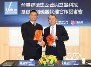 台湾罗德史瓦兹总经理蔡吉文(左)，益登科技董事长暨执行长曾禹旖共同为双方的合作揭开序幕。