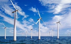 台湾首座离岸风电机矗立苗栗外海，预计明年第一季开始商转。 （离岸风机示意图）