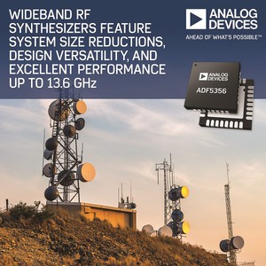 整合压控振荡器的13.6 GHz新一代宽频合成器ADF5356目标应用为无线基础设施、微波点对点链路、电子量测、以及卫星终端等。