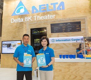 台達執行長鄭平(左)與品牌長郭珊珊於COMPUTEX 2019台達記者會中分享台達8K綠劇院中應用的各式解決方案與科技
