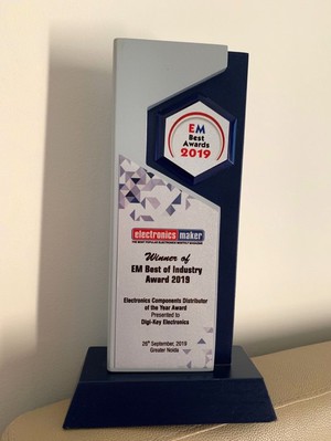 Digi-Key Electronics在技术期刊《Electronics Maker》(EM)日前公布的产业最隹奖得主名单中，获选为2019年最隹电子元件经销商。