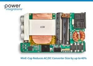 PI新型MinE-CAP裝置大幅縮小了輸入大電容器的尺寸，將浪湧電流降低高達95%，消除了NTC熱敏電阻和相關損耗