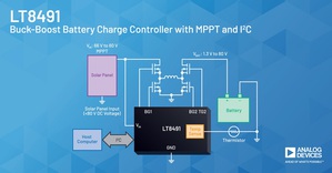 LT8491升降壓電池充電控制器具有最大功率點追蹤(MPPT)、溫度補償和I2C介面，可用於太陽能供電充電的自動MPPT