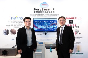 宜鼎子公司維新應用科技以高端空氣品質偵測技術,與夏普合作開發AIoT智慧空氣清淨系統,推廣智能防疫。圖左為維新應用總經理林春輝、台灣夏普總經理張凱傑。