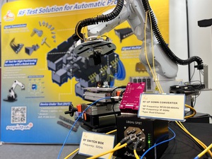 鐳洋科技主展產品。自主開發之毫米波升降頻轉換器，搭配自動化機械手臂進行AiP產品測試。
