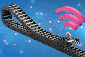 用於拖链的新型 igus i.Sense EC.B 带拉绳的感测器，只需使用单个感测器对 35 公尺或更长的拖链进行状态监测，在长行程应用中更加可靠。（source：igus）