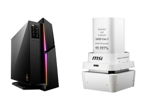 MSI微星科技以「創作者筆記型電腦、旗艦級電競桌上型電腦、美型雲端遊戲專用桌機(左)、超神電競主機板和智能防疫消毒機器人(右)5項產品獲台灣精品獎。